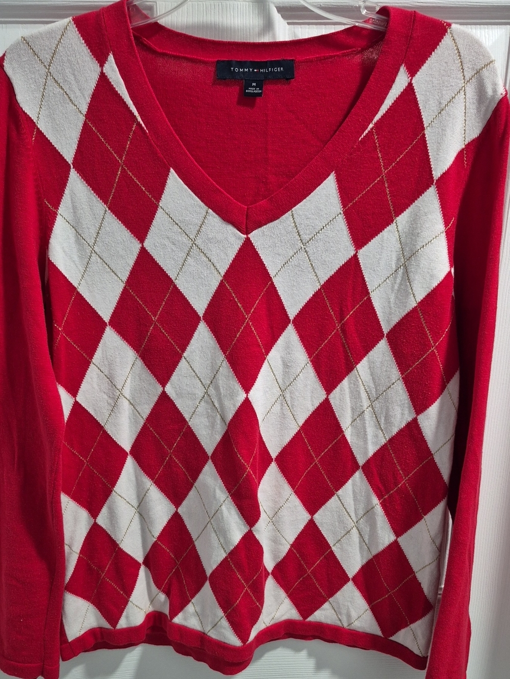 Tommy Hilfiger Red and White Argyle V-Neck Sweater